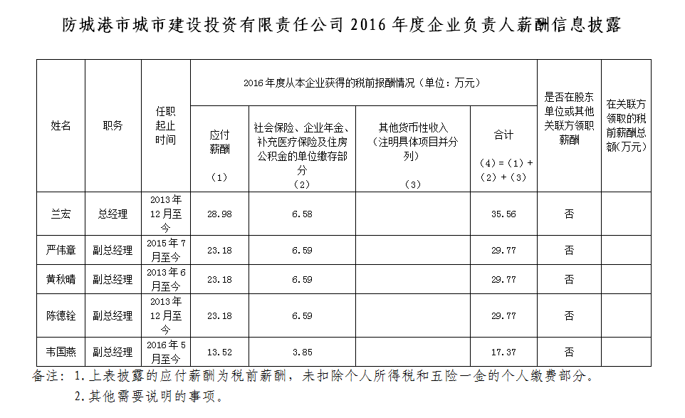 防城港市城投公司2016年度企業(yè)負(fù)責(zé)人薪酬信息披露